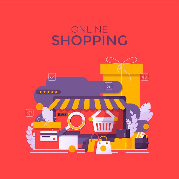 Online Shopping on Mobile Application Vector Concept with store bag and gift box blue sky background and white smartphone showcase display icon on shelves Digital marketing illustration