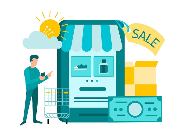 Online shopping in a mobile phone application buying goods at a discount Vector illustration