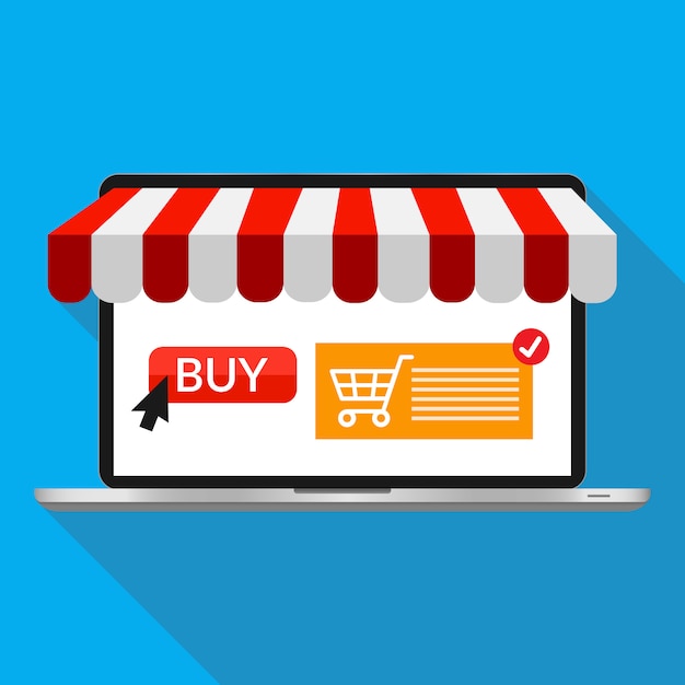 Online shopping and online store concept. Laptop with screen buy. Vector illustration icon.