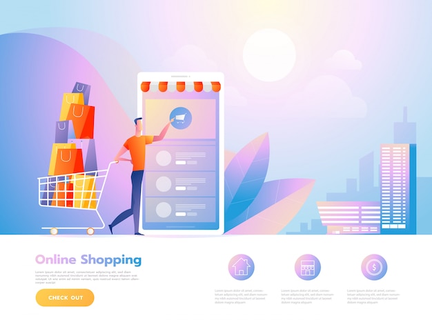 Online shopping people and interact with shop. Landing page template. Isometric vector illustration.