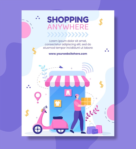 Online Shopping Poster Template Flat Cartoon Background Vector Illustration