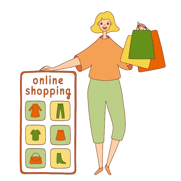 Online shopping. Smiling woman with paper bags in her hand next to the big phone with clothes icons