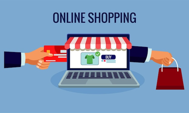 Online shopping technology in laptop with credit card and shopping bag  illustration 