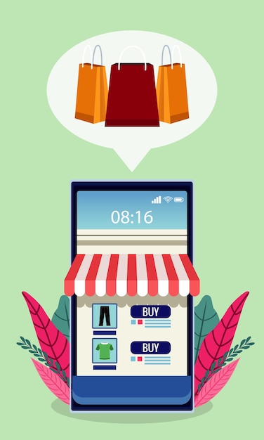 Online shopping technology with store facade in smartphone and leafs  illustration 