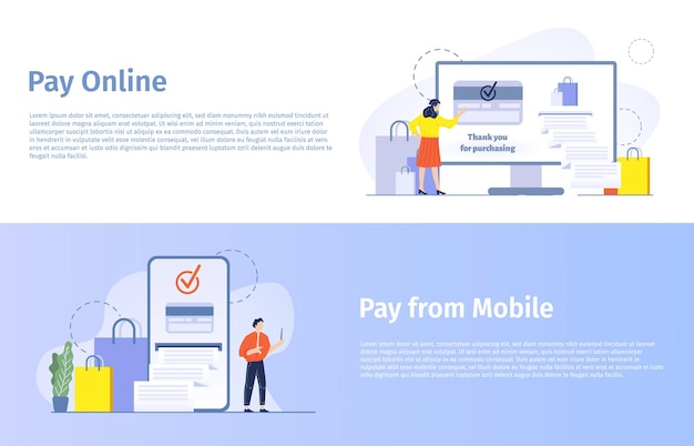 Online shopping vector banner. Woman buying products in internet, paying with credit card and getting cheque