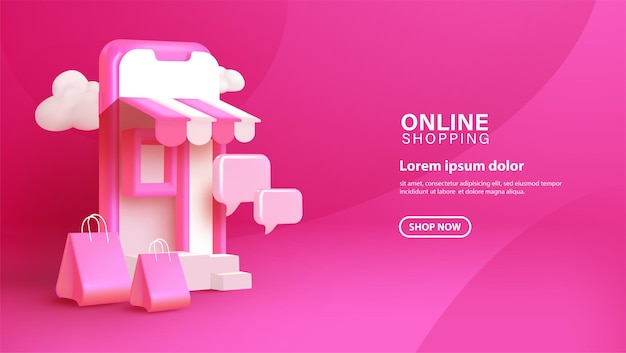 Online shopping with 3D smartphone on pink background