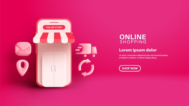 Online shopping with 3D smartphone on pink background