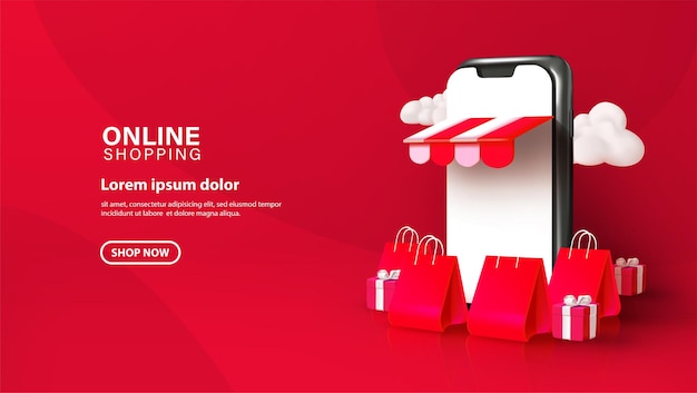 Online shopping with 3D smartphone on red background