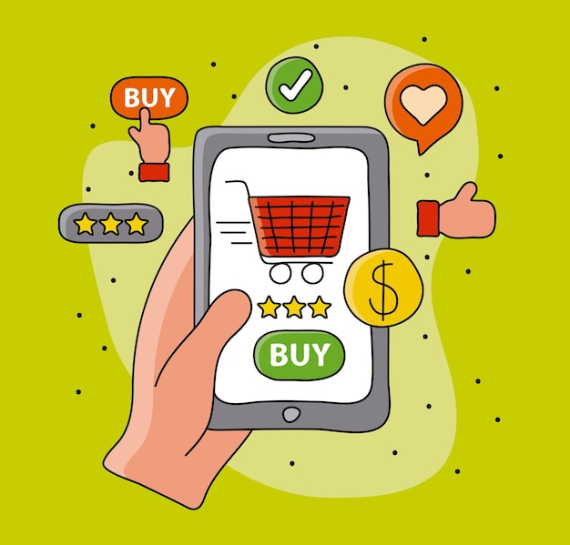 Online shopping with buyer hand and cart in smartphone  illustration 