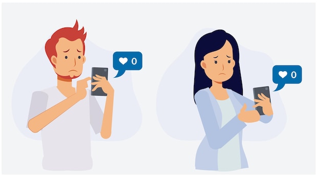 Online social addict concept.man and woman holding smartphone and getting sad due to no one give like to their picture.Flat vector 2d cartoon character illustration.