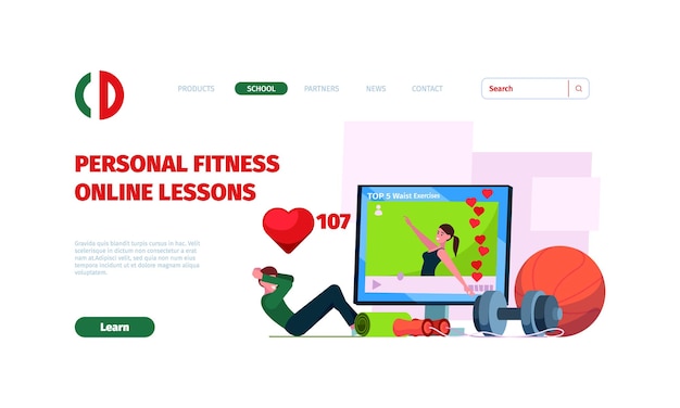 Online sport landing Home fitness exercises personal web lessons and trainings with video instructor garish vector landing page with place for text