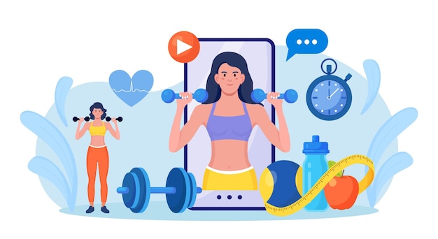 Online sport lesson and fitness course on phone screen. Sportive Woman Training at Home with sport equipment. Cardio, yoga and bodybuilding classes. Trainer conducts strength training using website