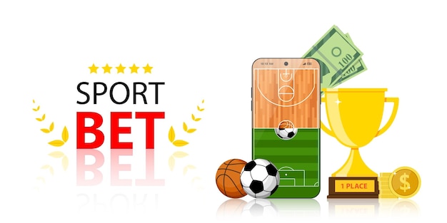 Online sports betting mobile app banner design template soccer basketball balls and trophy award