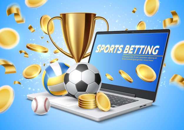 Online sports betting realistic laptop with golden cup trophy balls and golden coins flying away