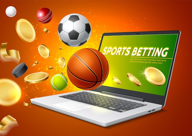 Online sports betting with realistic laptop with basketball football tennis balls out of laptop