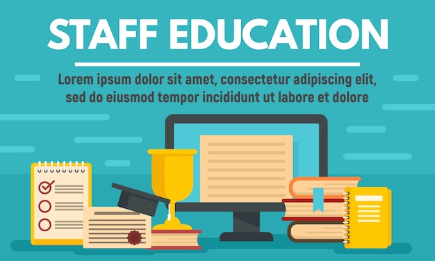 Online staff education concept banner, flat style