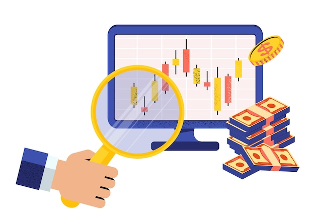 Online Stock broker. Hand with magnifier near computer monitor. Japanese candlestick chart. Financial market. Stock quotes and commodity prices. Flat vector illustration.