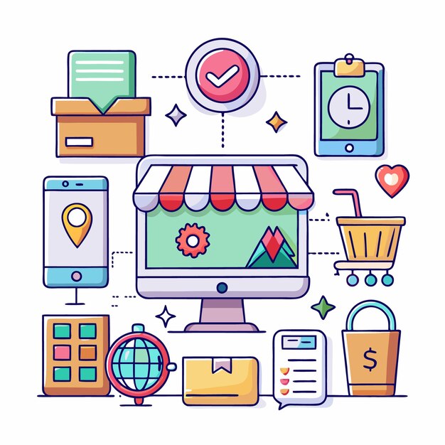 Online store concept with computer shopping cart mobile phone and other icons