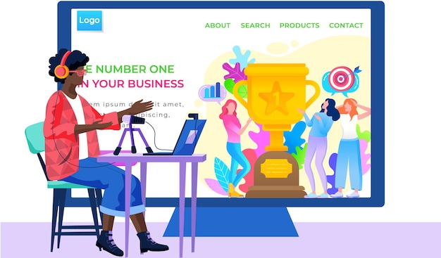 Online store landing page template the girl looks at the screen number one in business sphere