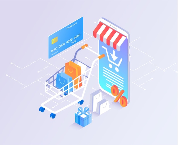 Online store shopping online payment with credit card online banking Template with 3d smartphone goods and shopping cart