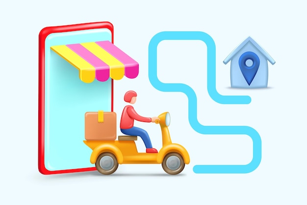 Online store with delivery 3D illustration of the courier driving from the shop to deliver a box of product