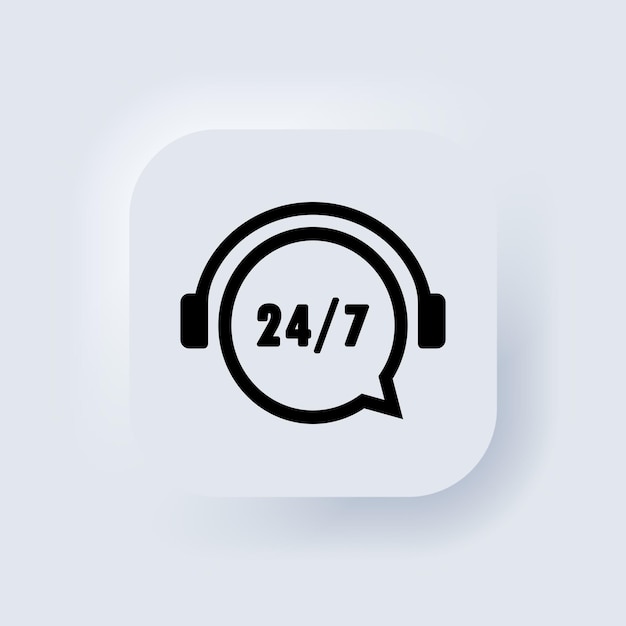 Online support 24 7 hours icon. Call center support symbol with headphone image. Consultant concept for e-commerce or elearning. Neumorphic UI UX white user interface web button. Vector EPS 10.