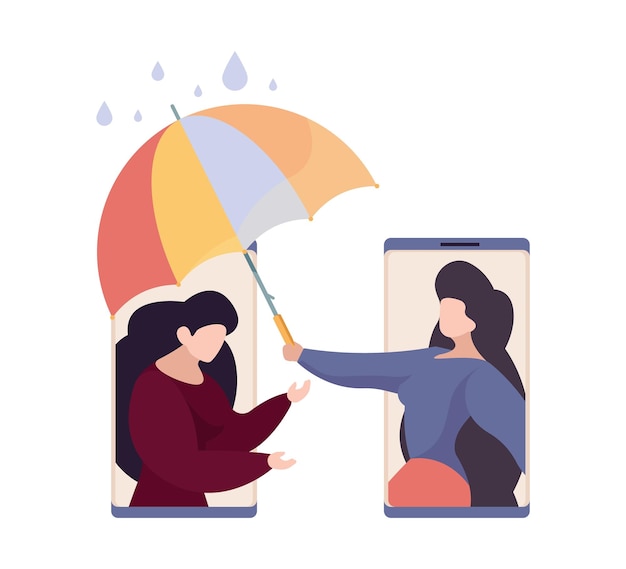 Online support Friend hold umbrella under sad tired woman Depression web psychotherapy consulting vector concept