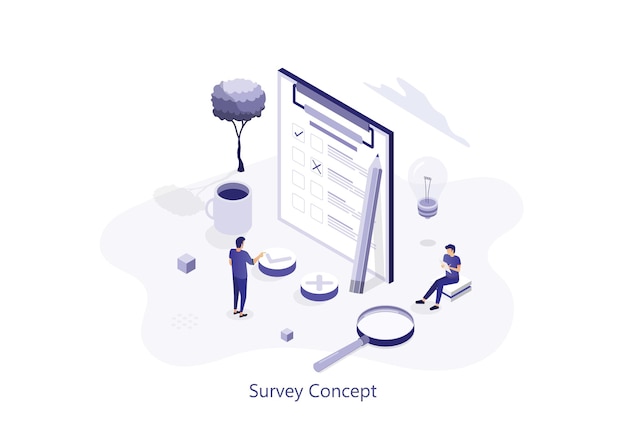 Online survey concept with characters Can use for web banner infographics Flat isometric vector illustration isolated on white background