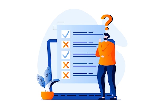 Online survey concept with people scene in flat cartoon design Man thinking and fills out form of questionnaire marking correct and incorrect answers Vector illustration visual story for web