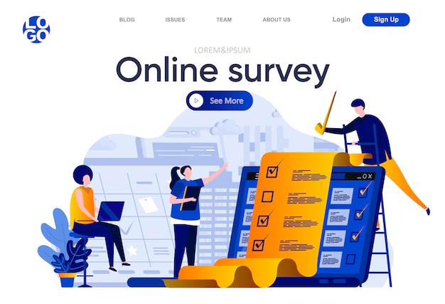 Online survey flat landing page. Respondent completing checklist web page composition with people characters. Online survey service to capture voices and opinions of people illustration.