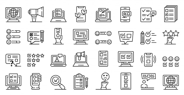 Online survey icons set, outline style