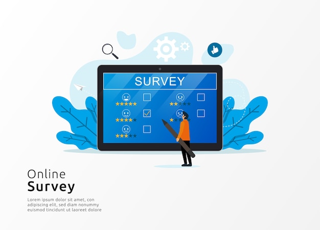 Online survey with man checking giant tablet screen symbol