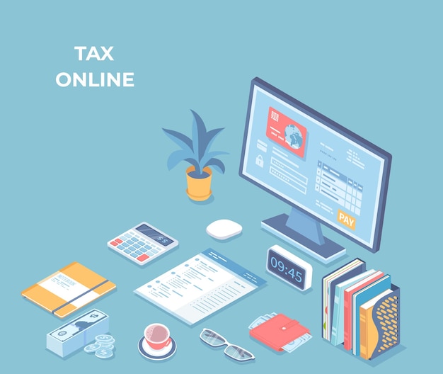 Vector online tax bills invoices paying accounting payment application interface on the monitor screen