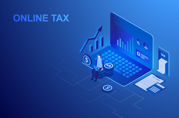 Online tax filing concept businessman filling tax form documents online vector illustration