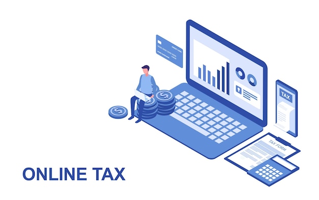 Vector online tax filing concept businessman filling tax form documents online vector illustration