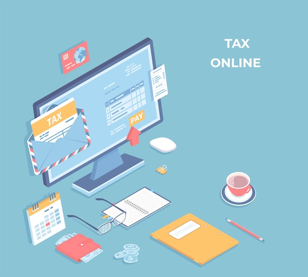 Online tax payment mobile app Tax form in envelope account on the monitor screen documents cale