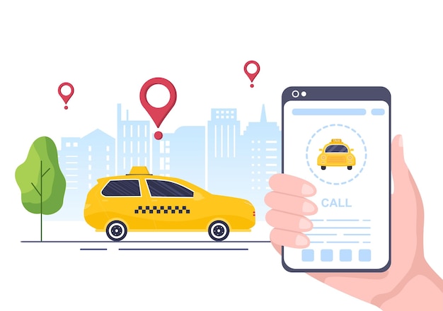 Online Taxi Booking Travel Service Flat Design Illustration via Mobile App on Smartphone Take Someone to a Destination Suitable for Background, Poster or Banner