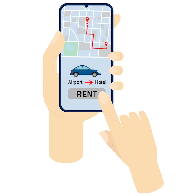 Online taxi ordering and car sharing via mobile app with city map route Vector illustration