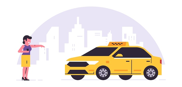 Online taxi ordering service A driver in a yellow taxi a passenger transportation of people The girl is waiting for the car city cab Vector illustration isolated on background