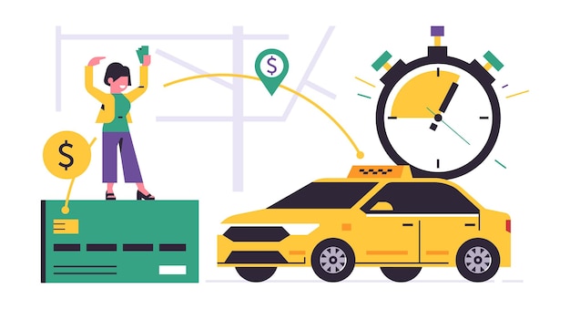 Online taxi ordering service Successful online payment for the city taxi service City map girl with money yellow car stopwatch Vector illustration isolated on background