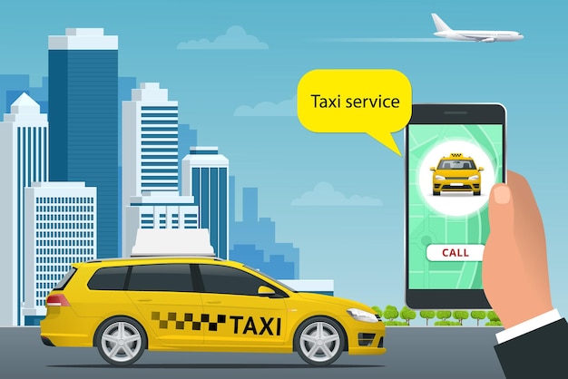 Online Taxi-service concept. Man orders a taxi from his cell phone. Taxi service application on screen. Vector business card template. Flat vector illustration for business, infographic, banner