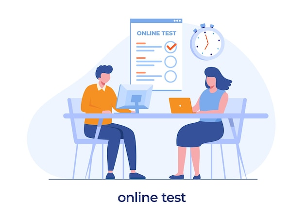 Online test and checking answers, examination, test, quiz, flat vector illustration template and background