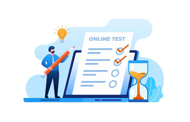 Online test with laptop flat vector illustration for banner and landing page