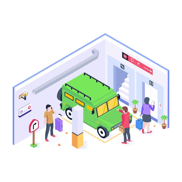 Online ticket purchase at waiting hall isometric illustration of ticket station