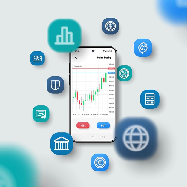 Vector online trade market investment candlestick chart concept realistic smartphone mockup 3d icons flying over screen vector