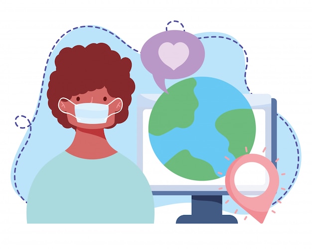 Vector online training, boy with medical mask world computer, courses knowledge development using internet  illustration