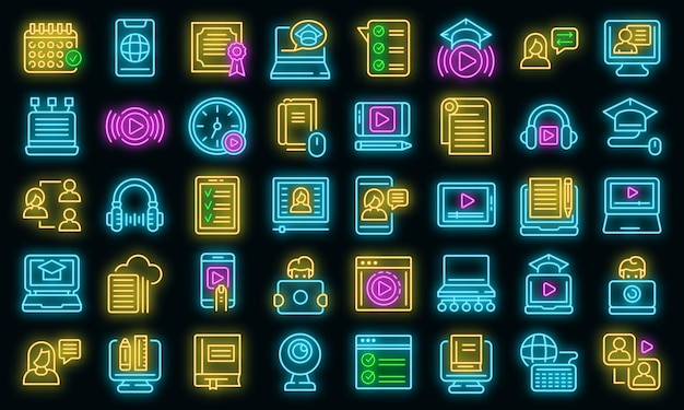 Online training icons set vector neon