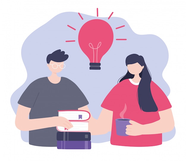 online training, man and woman with books and coffee cup, education and courses learning digital illustration