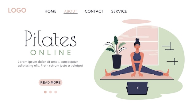 Online training Pilates banner Beautiful young woman at home Female character does yoga meditation stretching indoor Vector flat illustration for webx9app healthy lifestyle poster website