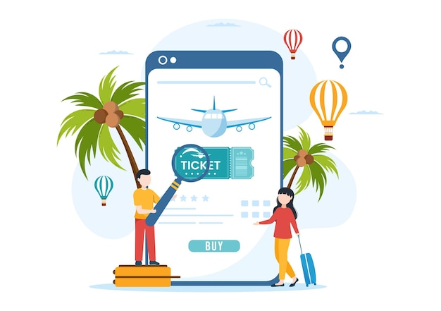 Online Travel Ticket Store Through transportation and Journey or Booking in Hand Drawn Illustration